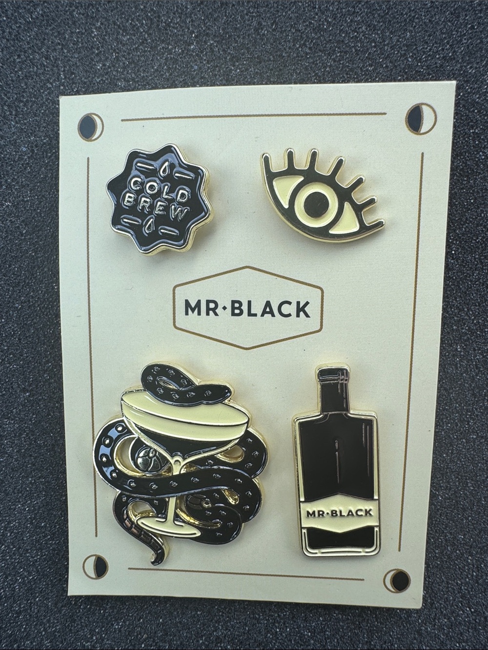 Mr. Black Black & Gold Enamel Pin Set of 4 -Eye, Bottle, Snake & Cold Brew